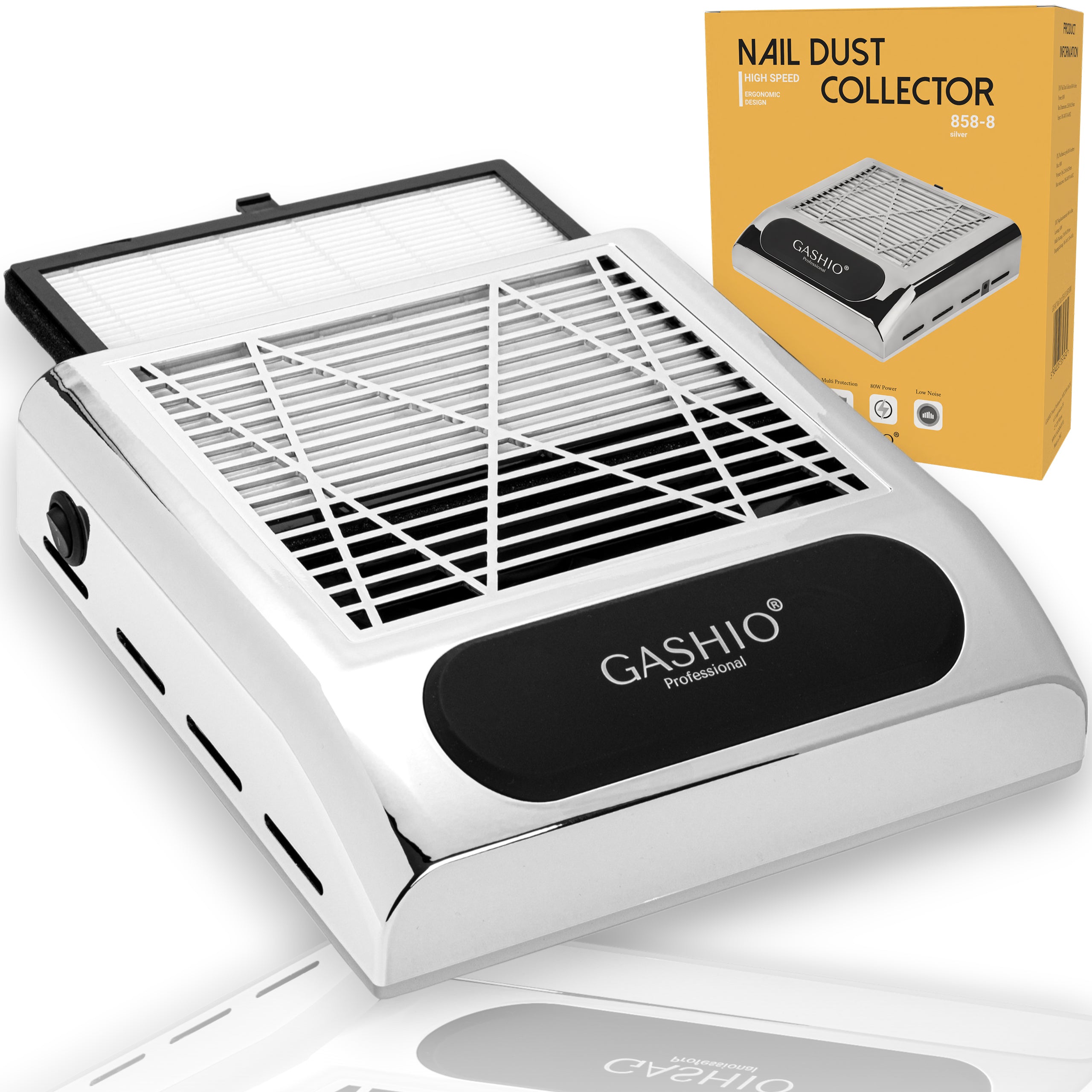 POCHŁANIACZ PYŁU DO PAZNOKCI MANICURE BEZWORKOWY Z FILTREM HEPA 80W SREBRNY
