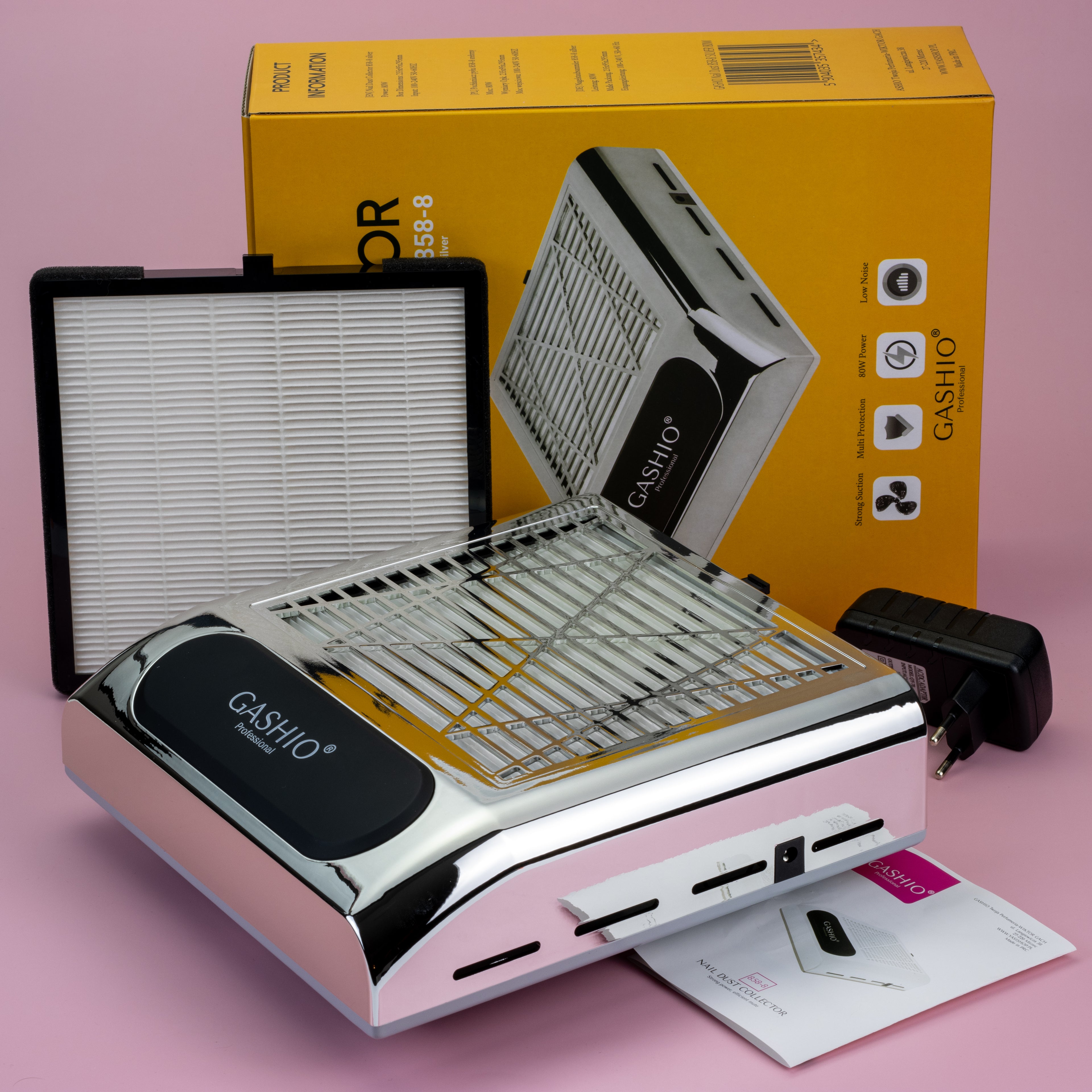 POCHŁANIACZ PYŁU DO PAZNOKCI MANICURE BEZWORKOWY Z FILTREM HEPA 80W SREBRNY