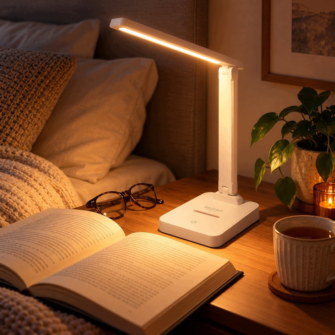 Lampka biurkowa LED GASHIO 3 barwy światła USB-C dotykowa uchwyt na telefon