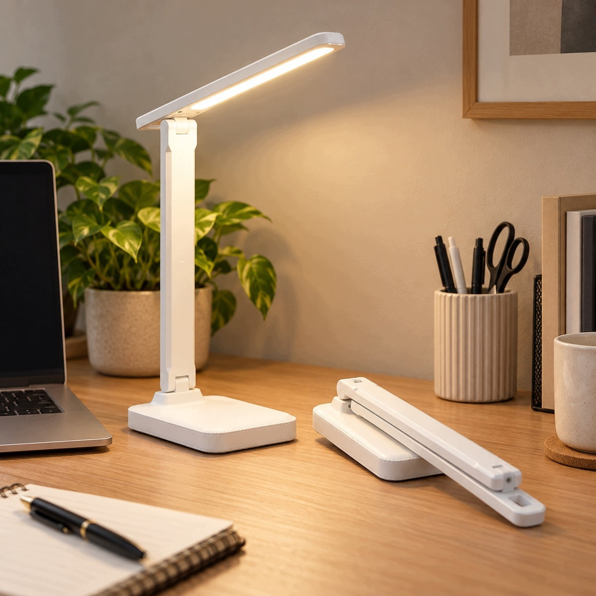 Lampka biurkowa LED GASHIO 3 barwy światła USB-C dotykowa uchwyt na telefon