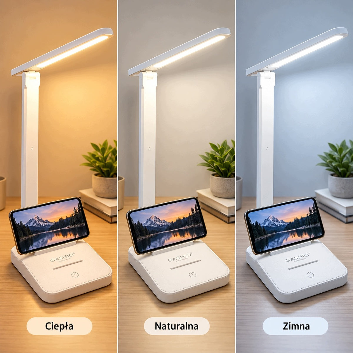 Lampka biurkowa LED GASHIO 3 barwy światła USB-C dotykowa uchwyt na telefon