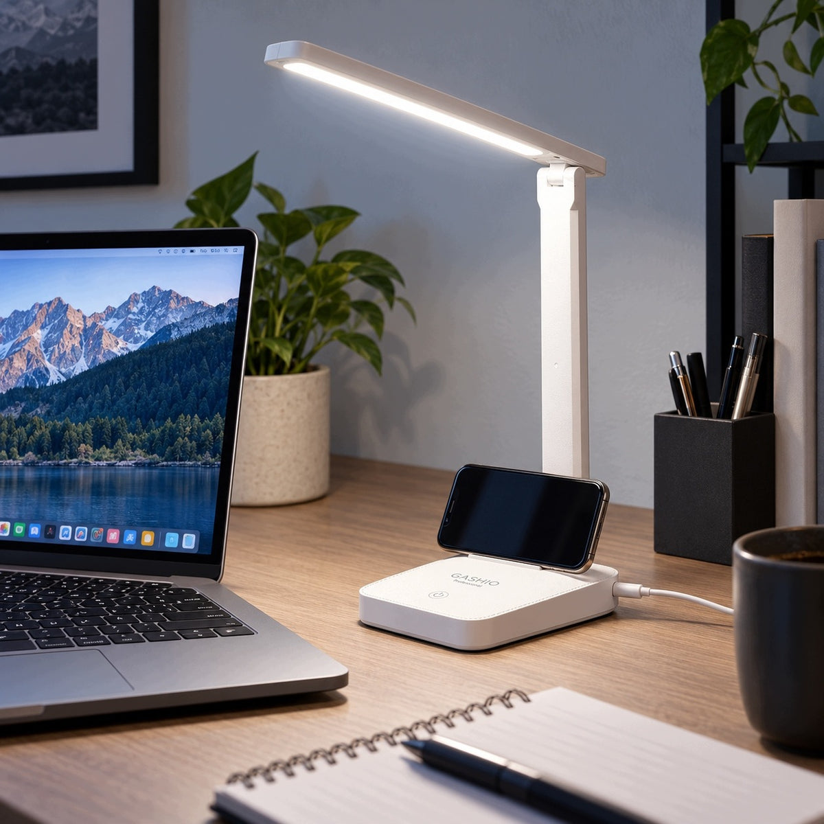 Lampka biurkowa LED GASHIO 3 barwy światła USB-C dotykowa uchwyt na telefon