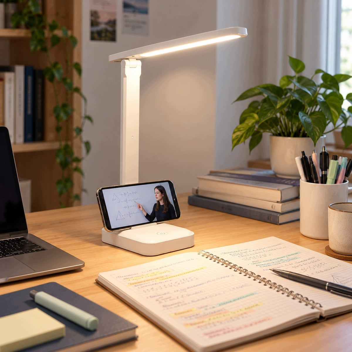 Lampka biurkowa LED GASHIO 3 barwy światła USB-C dotykowa uchwyt na telefon
